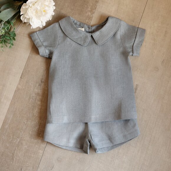 Boys Gray Linen Dressy Short Set Classic Boutique 12 Month Ring Bearer NWT - Picture 3 of 6